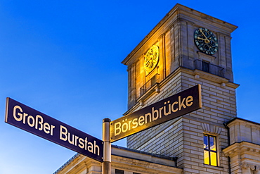 The clock tower of the Hamburg Chamber of Commerce building at dusk, Hamburg, Germany, Europe