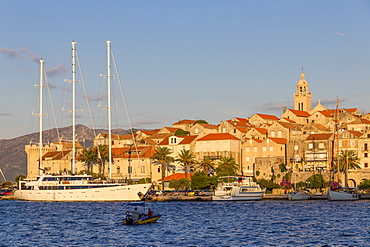 View to the old town of Korcula at sunset, Korcula, Croatia, Europe