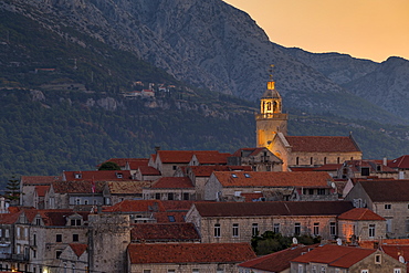 Elevated view over the old town of Korcula Town at dawn, Korcula, Croatia, Europe