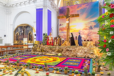 Vigil on the fifth weekend of Lent 2017 inside the church of the Escuela de Cristo in Antigua, Guatemala, Central America