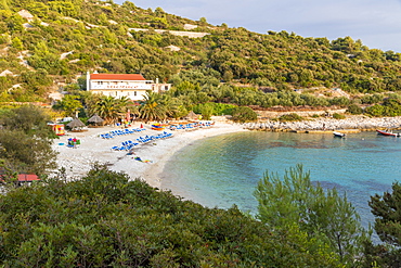 Elevated view over Pokonji Dol Beach near Hvar Town at sunset, Hvar, Croatia, Europe