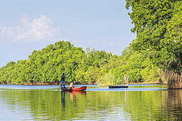 Fishermen in their boats at the mangroves near Monterrico, Guatemala, Central America