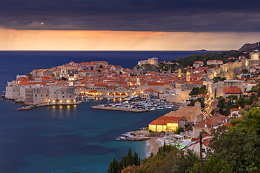 Elevated view over the old town of Dubrovnik at dusk, minutes before the rainfall, UNESCO World Heritage Site, Dubrovnik, Croatia, Europe