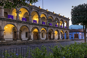 The town of Antigua decorated with banners for the Holy Week at dusk, Antigua, UNESCO World Heritage Site, Guatemala, Central America