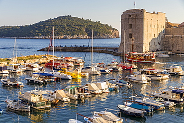 View over the old port of Dubrovnik and Lokrum Island in the background, Croatia, Europe