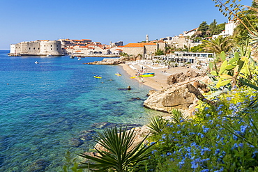 View over Banje Beach and the old town of Dubrovnik in the background, Croatia, Europe