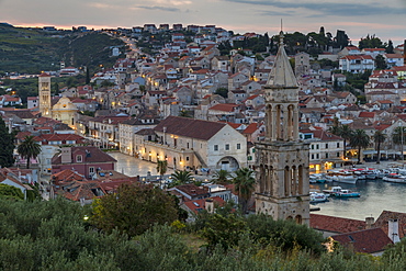 Elevated view over the old town of Hvar Town at dawn, Hvar, Croatia, Europe