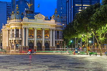 Municipal Theatre at dusk, Rio de Janeiro, Brazil, South America