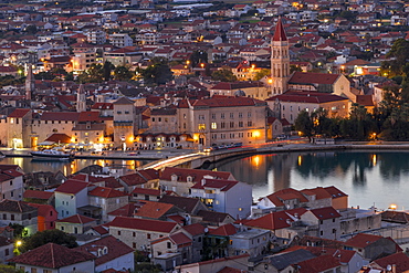 Elevated view over the old town of Trogir at dusk, UNESCO World Heritage Site, Trogir, Croatia, Europe