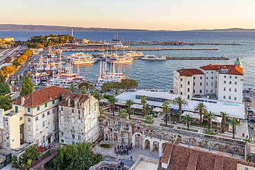 Elevated view from the bell tower of the Cathedral over the port, Split, Croatia, Europe