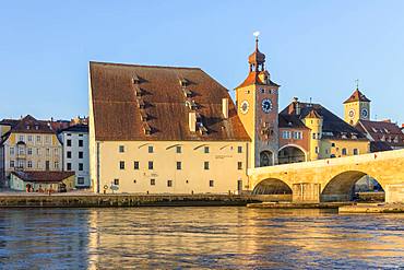 View to the Stone Bridge and the Bridge Tower, Regensburg, Bavaria, Germany, Europe