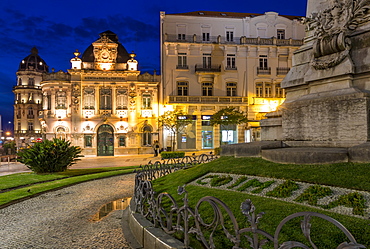 Joaquim Antonio de Aguiar Monument and Bank of Portugal Building at Portagem Square, Coimbra, Portugal, Europe