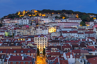 View from the Santa Justa Lookout over the city centre and the Sao Jorge Castle at dusk, Lisbon, Portgual, Europe