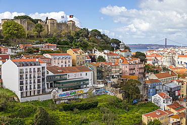 View from Sophia de Mello Breyner Andresen Lookout to the Sao Jorge Castle and the city centre, Lisbon, Portugal, Europe