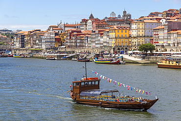 View from Douro River to the historical Ribeira Neighborhood, UNESCO World Heritage Site, Porto, Portugal, Europe