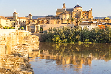 The Mosque-Cathedral (Great Mosque of Cordoba) (Mezquita) and Roman Bridge, UNESCO World Heritage Site, at first sunlight, Cordoba, Andalusia, Spain, Europe