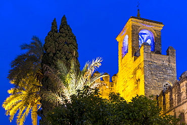 Illuminated tower of the Alcazar de los Reyes Cristianos at dusk, UNESCO World Heritage Site, Cordoba, Andalusia, Spain, Europe