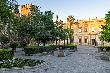 Plaza del Triunfo at first sunlight, Seville, Andalusia, Spain, Europe