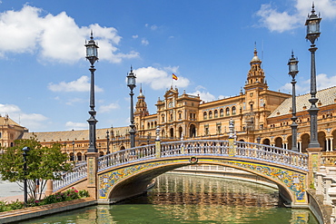 Pedestrian bridge and main building at Plaza de Espana, Seville, Andalusia, Spain, Europe