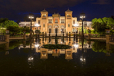 Night shot of the Museum of Popular Arts and Traditions at Plaza America, Seville, Andalusia, Spain, Europe