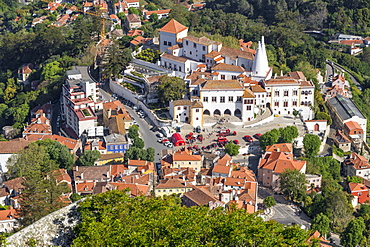 View from the Moorish Castle down to the historical centre of Sintra, Portugal, Europe