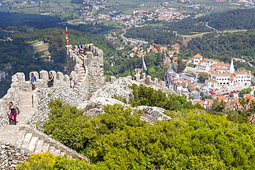 View from the Moorish Castle down to the historical centre of Sintra, UNESCO World Heritage Site, Portugal, Europe