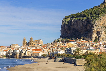 The cathedral and the old town seen from the beach, Cefalu, Sicily, Italy, Europe