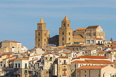 The cathedral of Cefalu above the old town, Cefalu, Sicily, Italy, Europe