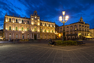 The illuminated University of Catania at University Square during blue hour, Catania, Sicily, Italy, Europe