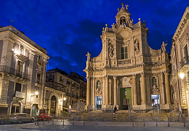 Illuminated Basilica della Collegiata church at dusk, Catania, Sicily, Italy, Europe