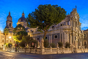 The illuminated cathedral during blue hour, Catania, Sicily, Italy, Europe