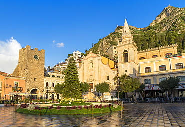 San Guiseppe church and the clock tower gate at Piazza IX Aprile, Taormina, Sicily, Italy, Europe