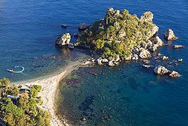 View from a lookout down to Isola Bella and the beach, Taormina, Sicily, Italy, Europe