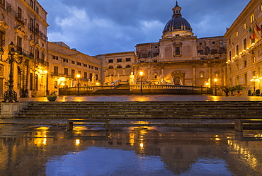 Pretoria Square and Cupola of the Santa Caterina d'Alessandria Church reflected in a puddle, Palermo, Sicily, Italy, Europe