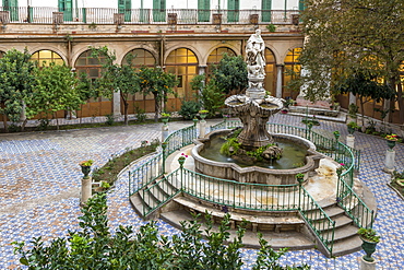 Fountain in the inner courtyard of the Santa Caterina d'Alessandria Church, Palermo, Sicily, Italy, Europe