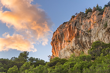 Last sunlight illuminating the rocks at Cape Osejava near Makarska, Croatia, Europe