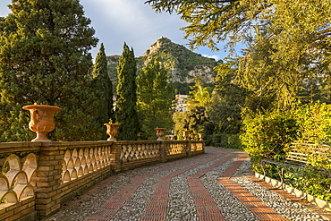 View from the public garden, Parco Duca di Cesaro, Taormina, Sicily, Italy, Europe