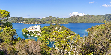 Elevated view over Veliko jezero (Big lake) and the monastery on Saint Mary Island in the Mljet National Park, Croatia, Europe