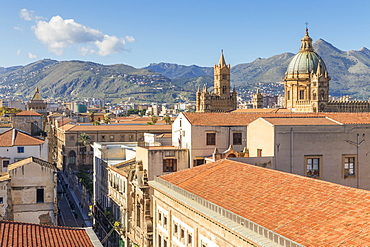 View from Santissimo Salvatore Church over the old town and the Palermo Cathedral, Palermo, Sicily, Italy, Europe