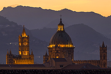 Palermo Cathedral, UNESCO World Heritage Site, at twilight, Palermo, Sicily, Italy, Europe