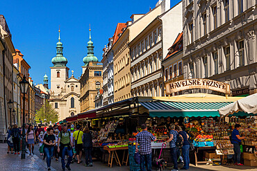 Havelska Market in the old town with Church of St. Gall in the background, Prague, Bohemia, Czech Republic, Europe