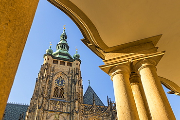 Clock tower of St. Vitus Cathedral, UNESCO World Heritage Site, Prague, Bohemia, Czech Republic, Europe