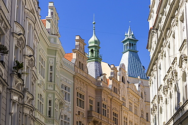 Facades of art nouveau buildings in the Josefov quarter in the old town, UNESCO World Heritage Site, Prague, Bohemia, Czech Republic, Europe