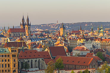 View from a lookout at Letna Park over the old town at first sunlight, Prague, Bohemia, Czech Republic, Europe