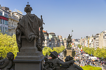 View from the steps of the National Museum over Wenceslas Square (Vaclavske namesti), Prague, Bohemia, Czech Republic, Europe