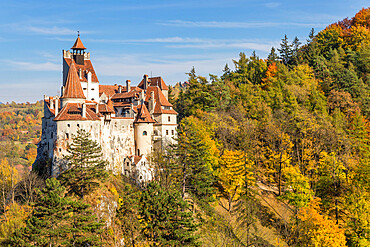 The famous Bran Castle seen from a lookout during autumn, Bran, Romania, Europe