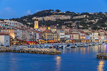 View from the port to the old town at dusk, Cassis, Bouches du Rhone, Provence, France, Mediterranean, Europe