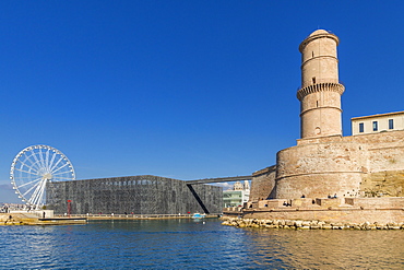 View from an excursion boat to the MuCEM building and the tower of the Saint Jean fortress, Marseille, Bouches du Rhone, Provence, France, Mediterranean, Europe