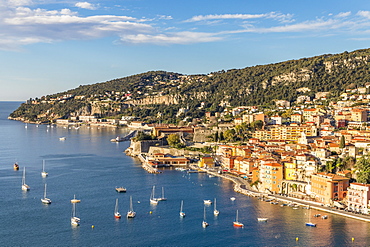 Elevated view from the Basse Corniche over Villefranche sur Mer, Alpes Maritimes, Cote d'Azur, French Riviera, Provence, France, Mediterranean, Europe