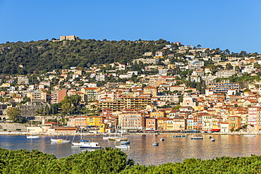 View from to the old town and Mont Alban fortress, Villefranche sur Mer, Alpes Maritimes, Cote d'Azur, French Riviera, Provence, France, Mediterranean, Europe